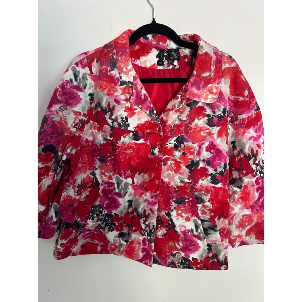 New Directions Red Floral Blazer Jacket XL 3/4 Sleeve Cotton Spandex Lined